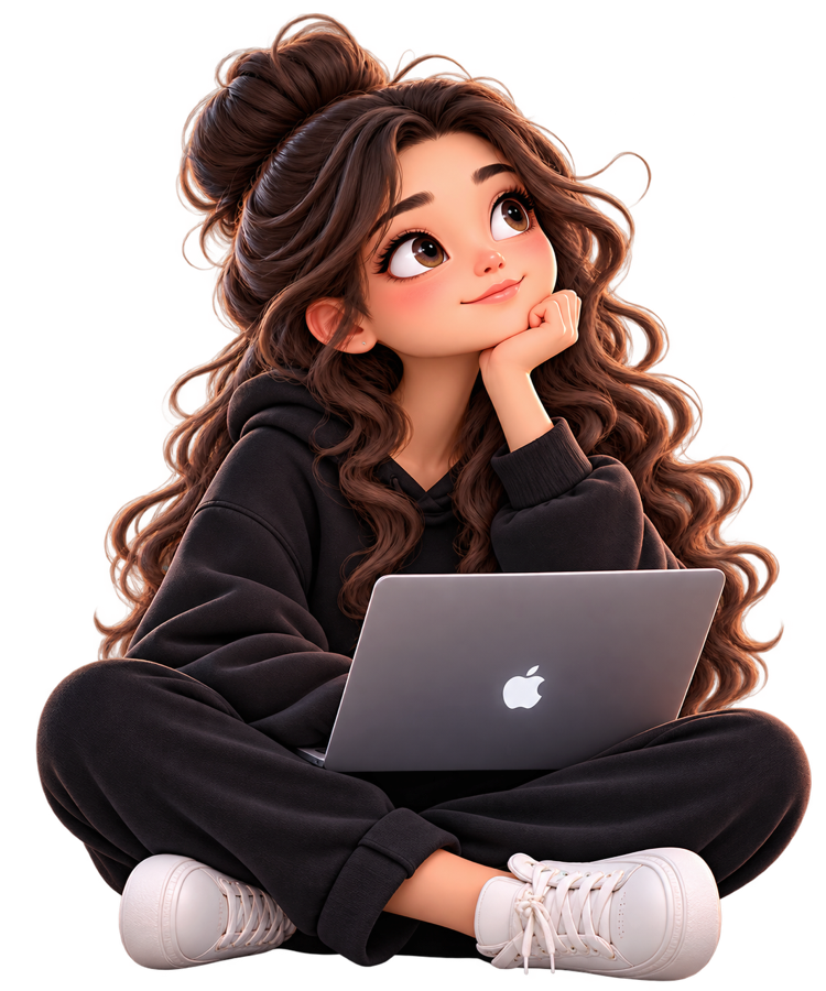 Illustration of Maryam sitting cross-legged with a laptop